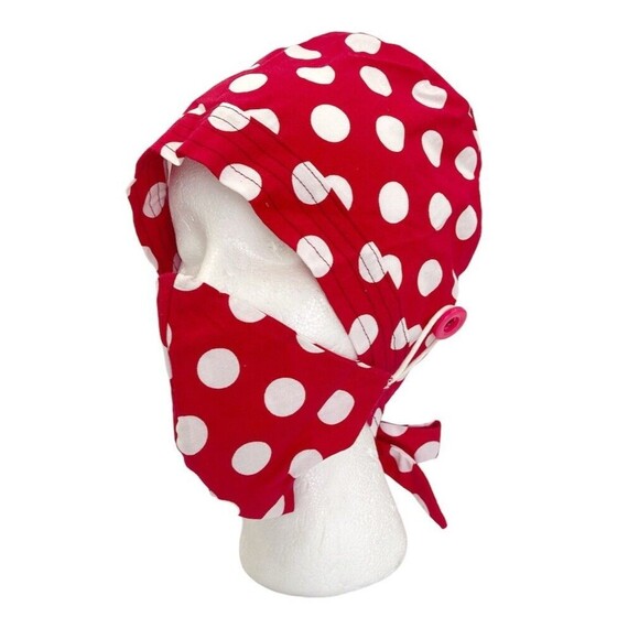 Unisex Surgical Scrub Hat With Matching Mask Red Polka Dots - Picture 2 of 12